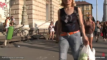Big boobs blonde Romanian babe Alice Romain is used as beer holder in public street then naked bound rough fucked by big dick Steve Holmes